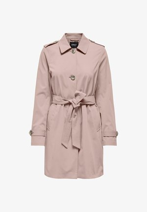 Lichtroze trenchcoat met een ceintuur in de taille, knoopsluitingen en schouderepauletten. Gestructureerde stof met twee zijzakken en opgerolde manchetten.