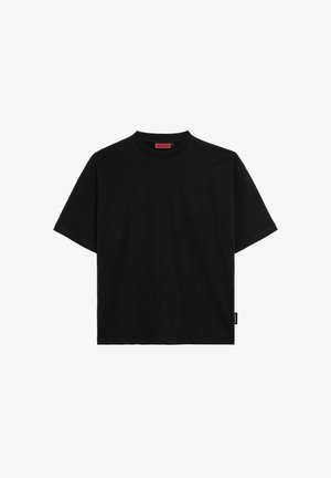 Black short-sleeve t-shirt made of cotton, featuring a crew neckline and a small label on the side. Smooth texture and straight fit.