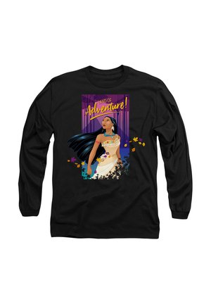 Black long-sleeve shirt featuring a colorful graphic of a woman with long black hair, adorned in a beige dress with turquoise accents.
