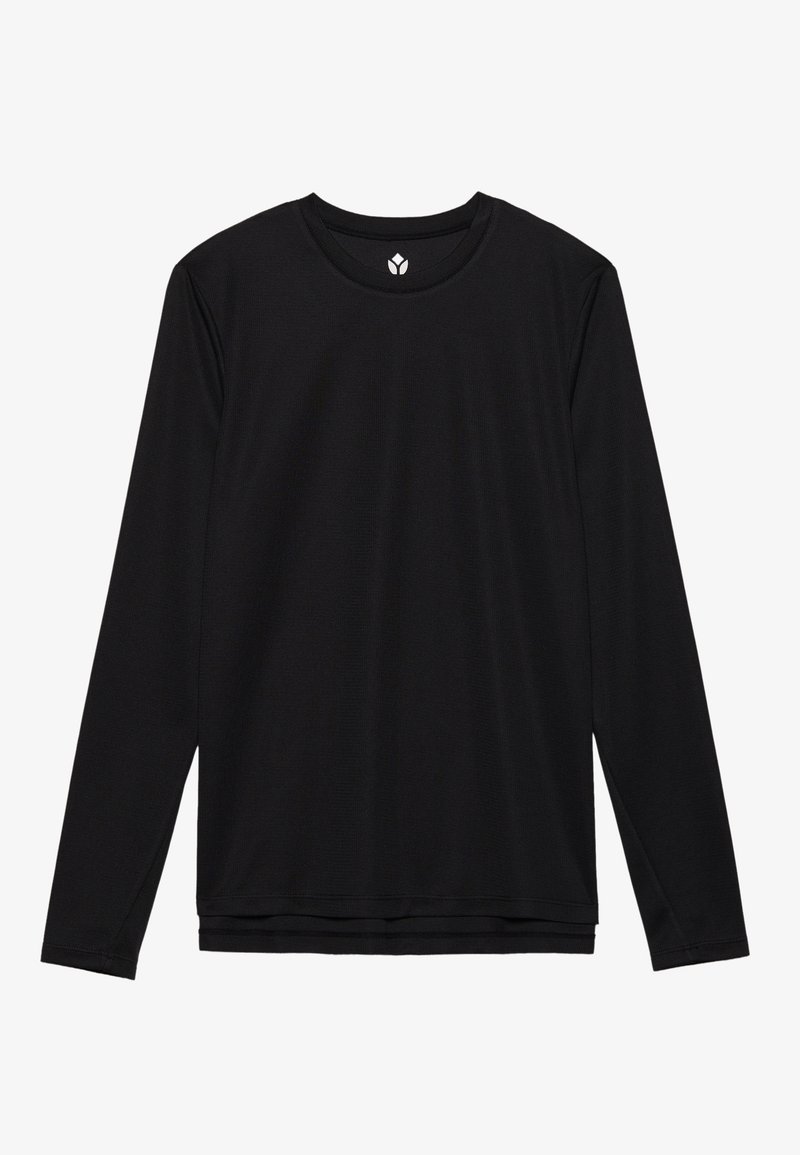 Black long-sleeve shirt with a round neckline, made of smooth fabric, featuring a subtle texture and a straight hemline.