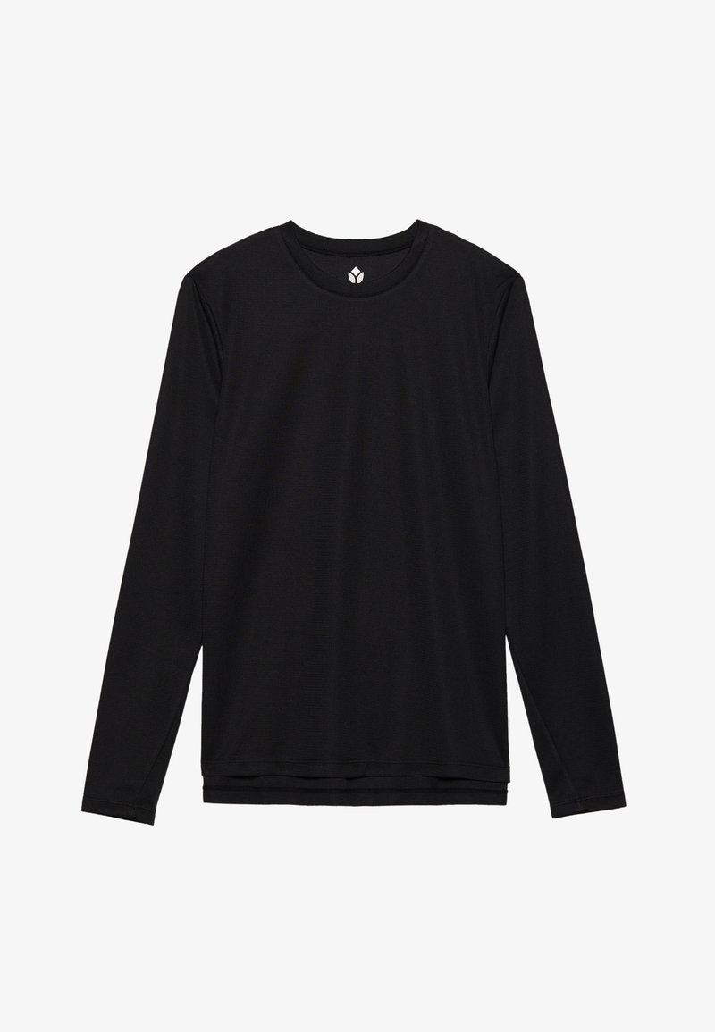 Black long-sleeve shirt with a round neckline, made of smooth fabric, featuring a subtle texture and a straight hemline.