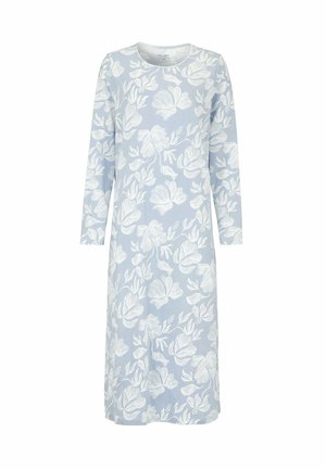 Ljusblå midiklänning med långa ärmar, vit blommig print, rund halsringning och lös passform.
