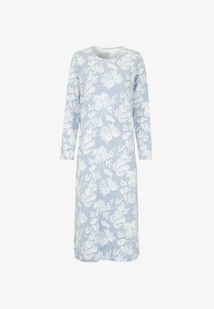 Hellblaues Midikleid mit langen Ärmeln, weißem Blumenmuster, rundem Ausschnitt und lockerem Schnitt.