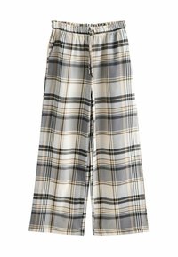 Loose-fit pants with beige, gray, and black plaid pattern, elastic waistband, and adjustable drawstring on a white background.