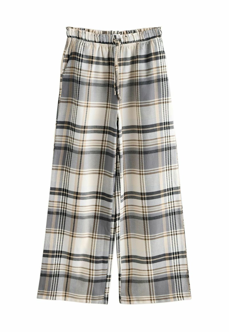 Loose-fit pants with beige, gray, and black plaid pattern, elastic waistband, and adjustable drawstring on a white background.