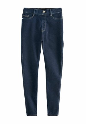 Mörkblå denimjeans med slim-fit, femficksdesign, kontraststickning och knappstängning i midjan. Slät textur.