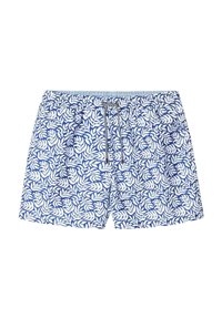 Blauwe zwembroek met een wit bladerenpatroon, voorzien van een elastische tailleband, een trekkoordsluiting en lichtgewicht stof voor comfort.