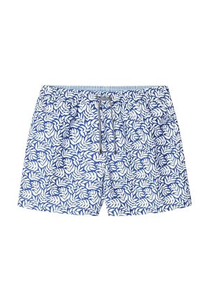 Niebieskie szorty do pływania z białym wzorem liści, z elastycznym pasem, zapięciem na sznurek oraz lekkim materiałem dla wygody.