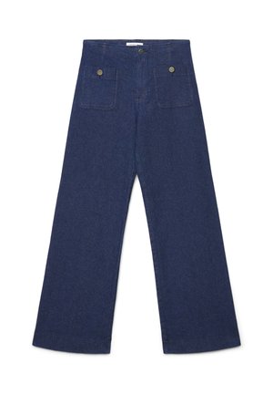 Pantaloni in denim blu scuro a gamba larga con due tasche frontali a patta chiuse da bottoni metallici tondi e chiusura con bottone in vita.
