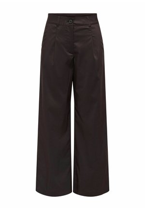 Sorte vide bukser med høy midje, knapp- og glidelåslukking foran, beltestropper og subtile folder på frontpanelene.