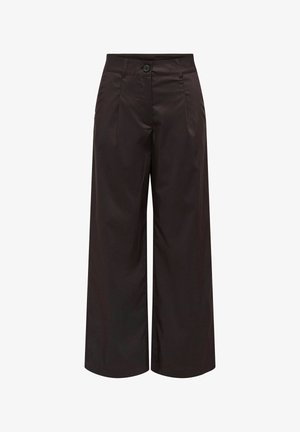 Sorte vide bukser med høy midje, knapp- og glidelåslukking foran, beltestropper og subtile folder på frontpanelene.