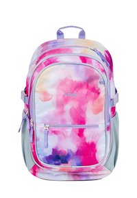 Zaino multicolore con un motivo floreale ad acquerello in rosa, viola e arancione, con dettagli grigi e diversi scomparti con zip.
