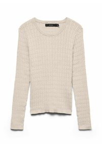 Pull beige en tricot torsadé à manches longues avec col rond, poignets et ourlet côtelés, posé à plat avec l'étiquette Vero Moda à l'intérieur du col.