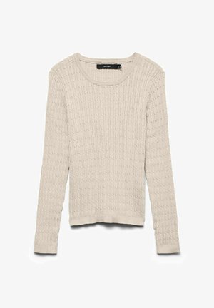 Bēša kabeļveida adījuma džemperis ar garām piedurknēm, apaļu kakla izgriezumu, ribām apdarītas aproces un apakšmala, izlikts plakani, ar Vero Moda etiķeti apkaklītes iekšpusē.