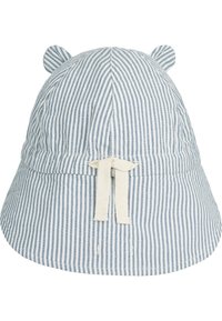 Stripet blå og hvit bomullsbøttehatt med to øre-lignende detaljer og en beige snor bak. Rund form med en buet skjerm.
