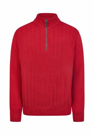 Rode gebreide trui met lange mouwen en een korte rits aan de hoge kraag, met een geribbelde textuur aan de voorkant.