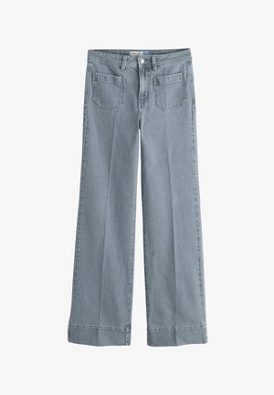 Light blue wide-leg jeans made of denim, featuring a high waist, two front pockets, and a straight, loose fit through the legs.