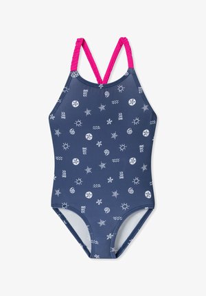 Marineblauer Einteiler-Badeanzug mit weißen Mustern von Sonne, Welle und Blume. Verfügt über gekreuzte rosa Träger und einen glatten Stretchstoff.