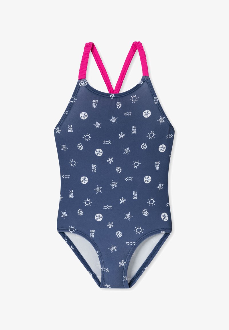Marineblauw badpak met witte patronen van zon, golven en bloemen. Voorzien van gekruiste roze bandjes en een gladde stretchstof.