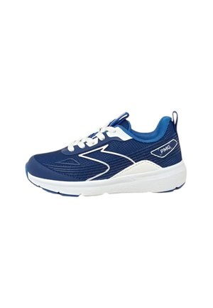 Scarpa sportiva blu con tomaia texture, lacci bianchi e dettagli in bianco; presenta un colletto imbottito e una suola in gomma bianca durevole.