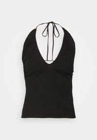 Černý halter top s hlubokým V-výstřihem, staženými boky a nastavitelným zavazováním vzadu, vyrobený z měkké, elastické látky.