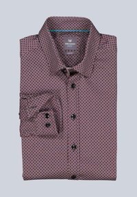 Schmal geschnittenes Hemd in Dunkelrot mit geometrischem Muster. Verfügt über einen Button-down-Kragen, schwarze Knöpfe und Manschetten mit passendem Muster.