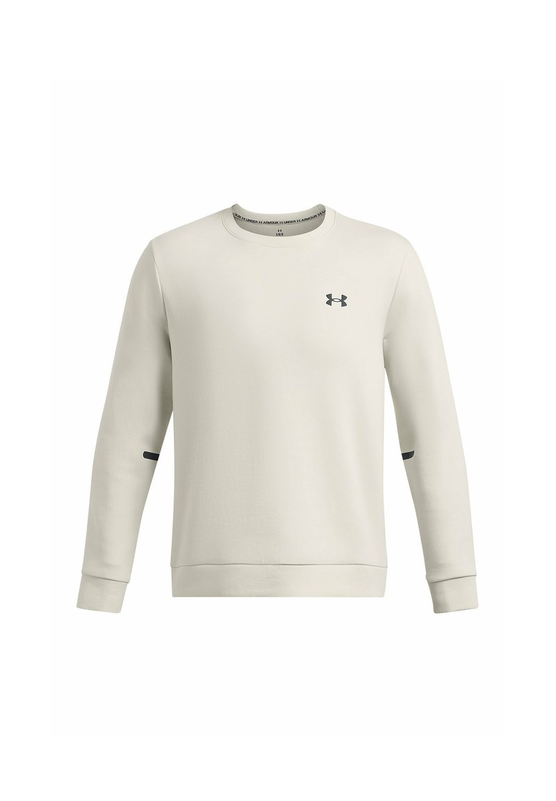 Lichtbeige sweatshirt gemaakt van zacht materiaal, met een ronde hals, lange mouwen en een klein zwart logo op de borst met accenten op de mouwen.