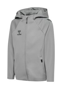 Grauem Kapuzenpullover mit Reißverschluss aus weichem, glattem Stoff. Mit einem vorderen Reißverschluss, zwei Seiten taschen und schwarzem Logo auf der oberen linken Brust.