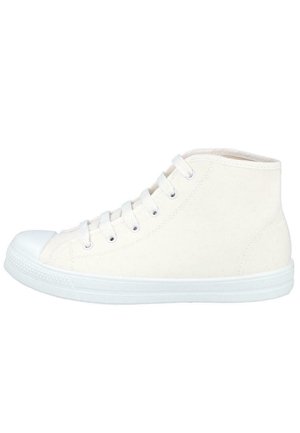 Zapatilla de lona blanca de caña alta con cordones blancos y suela de goma, vista desde el lateral exterior.