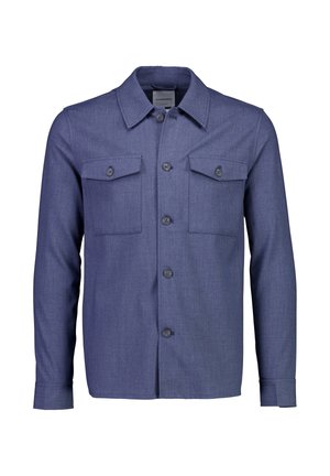 Blauw overhemd met lange mouwen, knoopsluiting, twee borstzakken met klep en een puntkraag, gemaakt van gestructureerde stof.