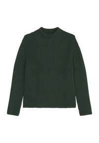 Ciemnozielony sweter dziany z wysokim kołnierzem, prążkowaną fakturą, długimi rękawami i luźnym krojem. Charakteryzuje się grubym, dzianym wzorem.