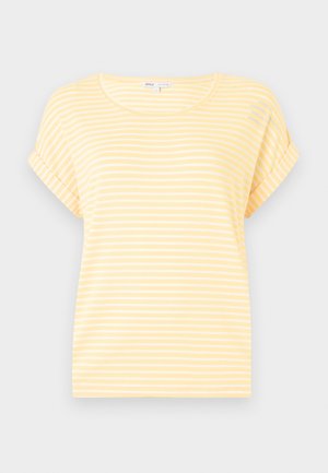 Żółta koszulka z krótkim rękawem w białe poziome paski. Posiada okrągły dekolt i podwinięte mankiety. Wykonana z lekkiego materiału.
