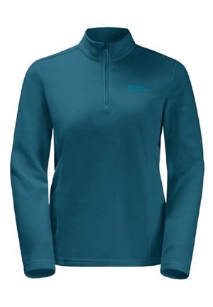 Longsleeve teal fleece trui met een kwart rits en een klein logo op de linkerborst.