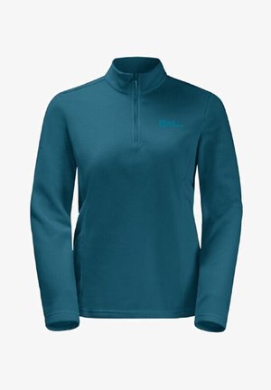 Sudadera de forro polar color verde azulado de manga larga con cremallera hasta el pecho y un pequeño logo en el lado izquierdo del pecho.