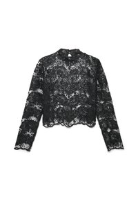 Schwarze Spitzenbluse mit langen Ärmeln, hohem Kragen, Blumenmuster, gezacktem Saum und einem Schlüsselloch-Ausschnitt auf der Rückseite.