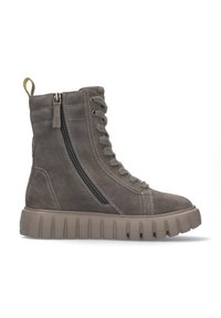 Graue Wildleder-Stiefelette mit einer robusten Gummisohle, seitlichem Reißverschluss und schnürbarem Vorderteil. Mit kontrastierenden Nähten und einer Schlaufe an der Ferse.