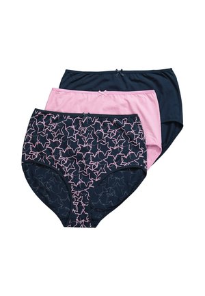 Tres pares de braguitas de algodón para mujer en azul marino, rosa y azul marino con dibujos de estrellas rosas, cada una con un pequeño lazo en el centro de la cintura.