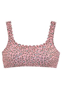 Bralet v rožnato leopardskim vzorcu s valovitimi robovi, tkanina je gladka, vsebuje rjave in svetlomoderne pike, oblikovanje z kvadratnim izrezom.