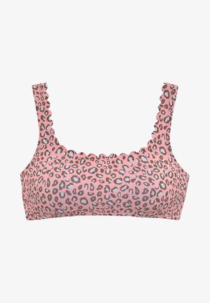 Roosa leopardimusteriga rinnahoidja, laineliste servadega, kangas on sile, prindil on pruuni ja helesinise laigud, ruudukujuline kaelus.