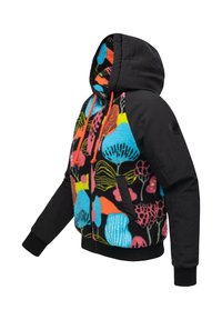 Bluza z kapturem o czarnej tkaninie z wielokolorowym, włochatym przodem z kwiatowymi wzorami i elastycznymi sznurkami.