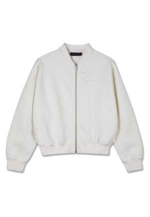 Witte zip-up sweatshirt met hoge kraag, relaxte pasvorm, ribgebreide manchetten en zoom, met subtiele reliëflogo-aanbreng op de borst.