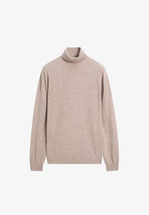 Beige rolák vyrobený z měkké látky, s dlouhými rukávy a žebrovanými manžetami, s přiléhavým střihem a minimálním designem.