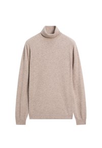 Beige rolák vyrobený z měkké látky, s dlouhými rukávy a žebrovanými manžetami, s přiléhavým střihem a minimálním designem.