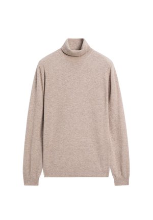 Beige coltrui gemaakt van zachte stof, met lange mouwen en geribbelde manchetten, met een getailleerd profiel en een minimalistisch ontwerp.