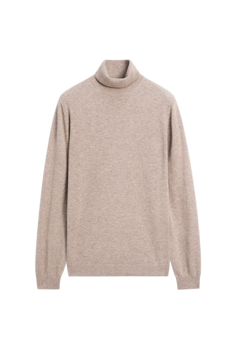 Beige rolák vyrobený z měkké látky, s dlouhými rukávy a žebrovanými manžetami, s přiléhavým střihem a minimálním designem.