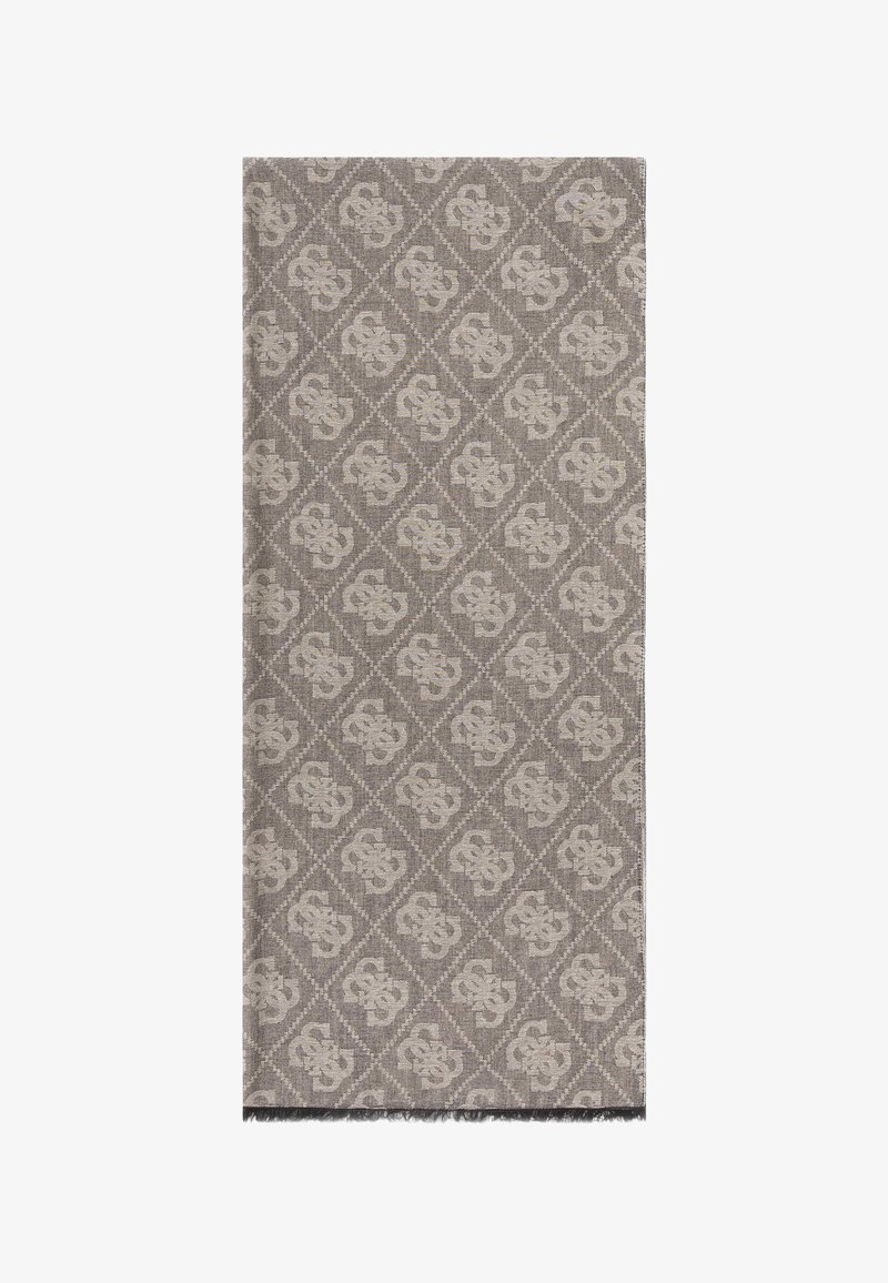 Gewebter Stoff in Hellgrau mit einem Rautenmuster und cremefarbenen Motiven. Die Kanten sind leicht ausgefranst, was der Gestaltung Textur verleiht.