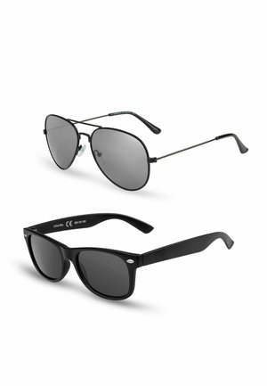 Black aviator sunglasses with dark lenses and thin metal frames on top; black wayfarer-style sunglasses with thick plastic frames below.