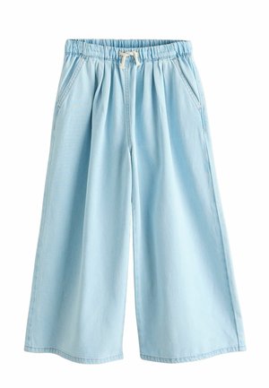 Hellblaue Jeanshose mit weitem Bein, elastischem Bund und seitlichen Taschen, mit glatter Textur und sauberem Saum.