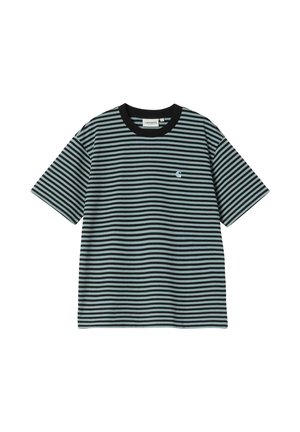 Camiseta a rayas con franjas horizontales negras y verde azulado, cuello redondo negro, mangas cortas, que presenta un pequeño logo en el lado izquierdo del pecho.