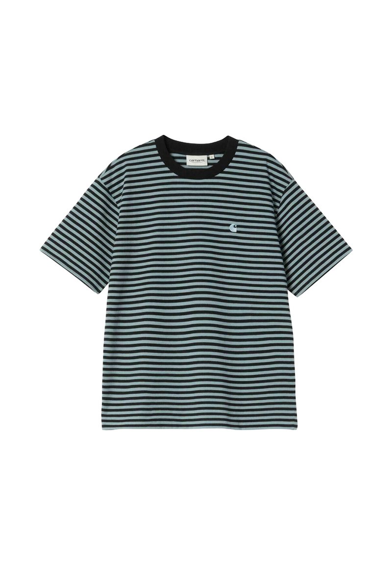 Camiseta a rayas con franjas horizontales negras y verde azulado, cuello redondo negro, mangas cortas, que presenta un pequeño logo en el lado izquierdo del pecho.